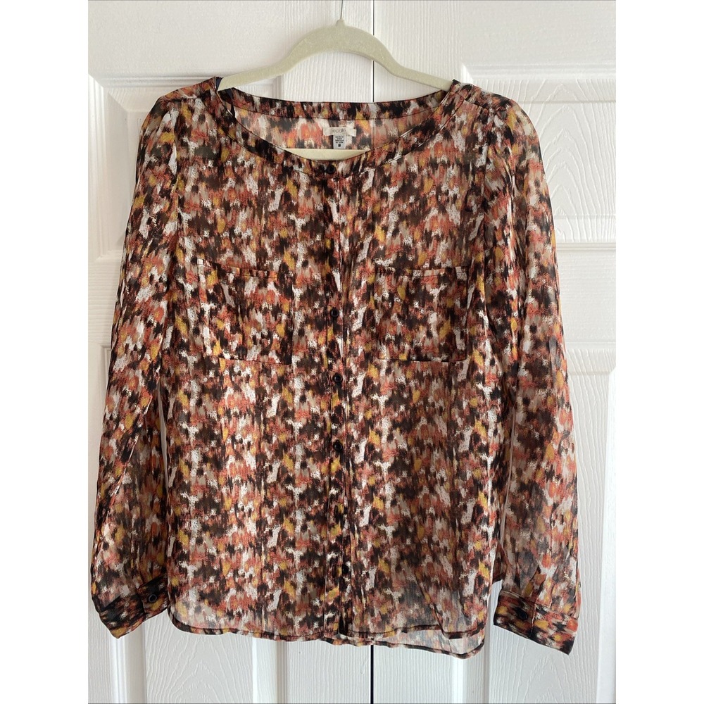 Ecote Womens Small Semi Sheer‎ Top Fall Long Sleeve Career Button
